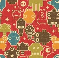 Robot and monsters seamless pattern on red
