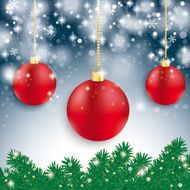 Red Baubles Light Fir Branch Blue Background