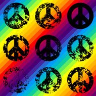Grunge black signs of pacific on rainbow background