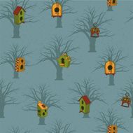 Colored birdhouses with trees on a blue background