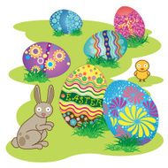 Easter Bunny with Decorated Eggs on Fresh Green Grass N2