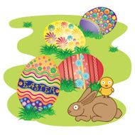 Easter Bunny with Decorated Eggs on Fresh Green Grass N3