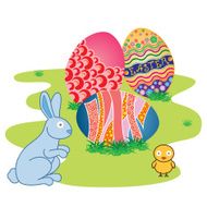 Easter Bunny with Decorated Eggs on Fresh Green Grass N4