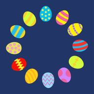 Colored Easter egg set round frame on blue template Flat