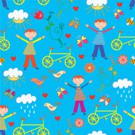 Funny seamless pattern with boys and bicycles N2