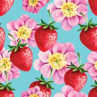Strawberries and Peony seamless hand drawn vector pattern