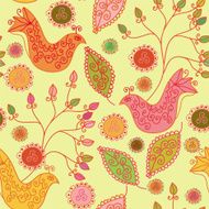 Seamless ornate pattern with birds flowers and leaves