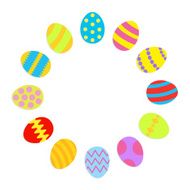 Colored Easter egg set round frame on white template Flat