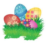 Decorated Easter Eggs on Fresh Green Grass