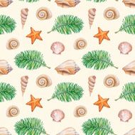 Pattern with watercolor shell sea star and palm tree illustration
