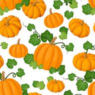 Seamless pattern with orange pumpkins and green leaves Vector illustration
