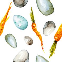 Seamless watercolor Easter pattern with eggs and carrots Vector