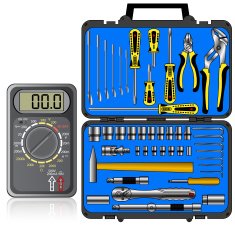 Multimeter of black color and set different tools