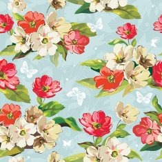Elegance Seamless beige and red flowers pattern on blue background
