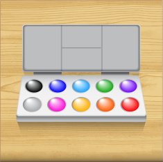 Watercolor paint set isolated on wood background