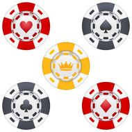 Universal casino chips with playing cards icons and crown