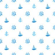 Seamless nautical pattern with ship anchor and wheel