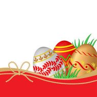 Greeting Easter card with decorative eggs and grass