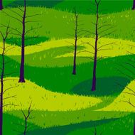 Leafless trees on a green field