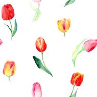 Seamless pattern of watercolor pink red and yellow tulips