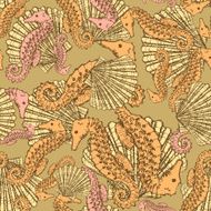 Sketch seahorse and shell in vintage style