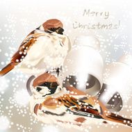 Christmas greeting card with snow and birds in watercolor style