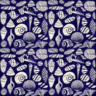 Sea shells and rocks seamless pattern on dark blue background