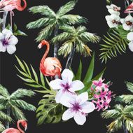 Flamingo with palms and flowers