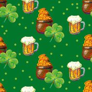 Seamless pattern with green clover pot coins Irish beer