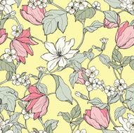 Seamless pattern with ornament flowers tulips and magnolia N4