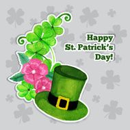 St patrick day greeting card with hat flowers and clover