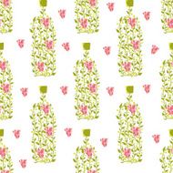 Seamless pattern with wine bottle from grape leaves berries
