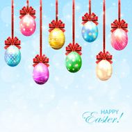 Set of colorful Easter eggs with bow