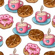 Seamless background with cup of coffee and donuts