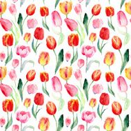 Seamless pattern of watercolor pink red and yellow tulips N2