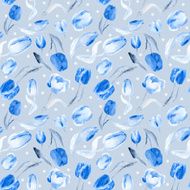 Seamless pattern of watercolor blue tulips Monochrome color