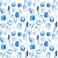 Seamless pattern of watercolor blue tulips Monochrome color N2