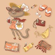 Kitty with a cocktail Set for summer travel Hand drawn