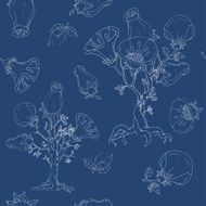 Flowers on trees Blue and white seamless hand-drawn pattern