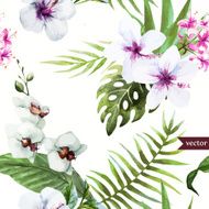 watercolor hibiscus orchid white palm tropical pattern background wallpaper N2