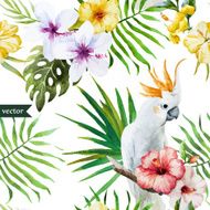 white parrot hibiscus tropical palm trees flowers pattern wallpaper N2