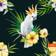 white parrot hibiscus tropical palm trees flowers pattern wallpaper N3