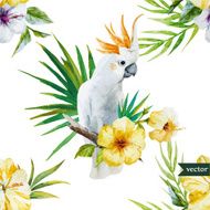 white parrot hibiscus tropical palm trees flowers pattern wallpaper N4