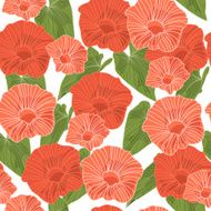 Seamless background with green leaves and pink flowers Vector illustration