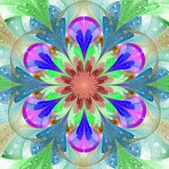 Symmetrical pattern in stained-glass window style Green blue purple brown