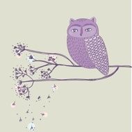 Cute violet owl on the tree branch