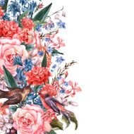 Floral Greeting Card with Blooming Roses and Birds