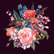 Floral Bouquet with roses hyacinths birds N2