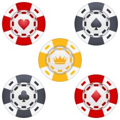 Universal casino chips with playing cards icons and crown