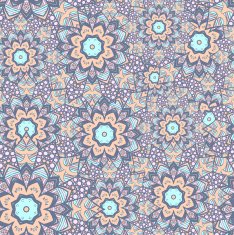 Seamless pattern of round ornaments and abstract flowers